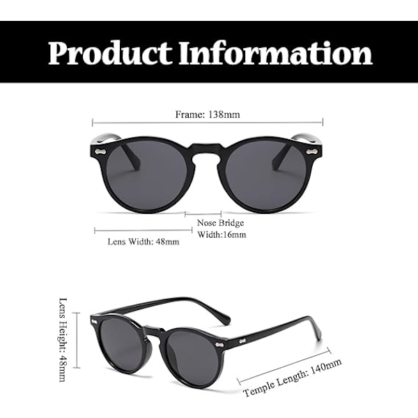 Retro Runde Polariserede Solbriller Herre Dame, Vintage Polariserede Solbriller Klassiske Trendy Shades Unisex UV Beskyttelse Dark grey