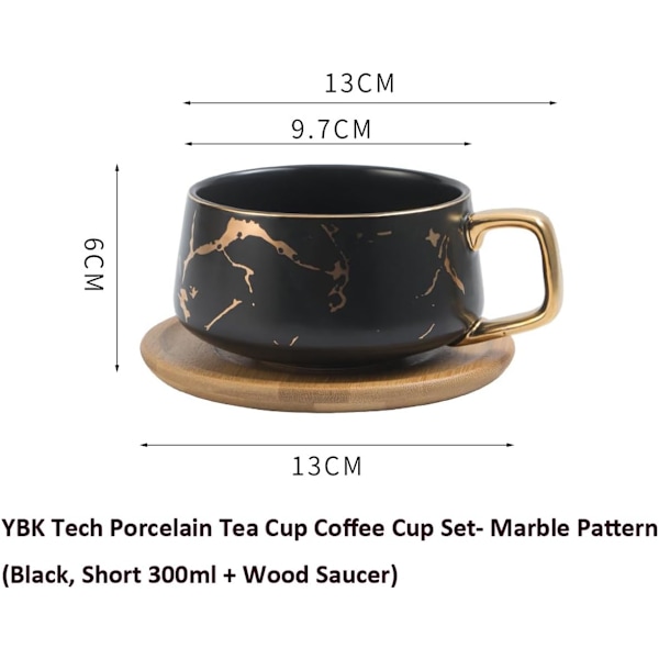 Porcelæn Te Kop Kaffe Kande Sæt til Eftermiddagste - Marmor Mønster (Sort, Kort 300ml + Træ Underkop)