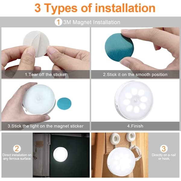 USB Genopladelig Bevægelsessensor Natlampe Skabslys 8 LED 3 Tilstande (Auto/On/Off)