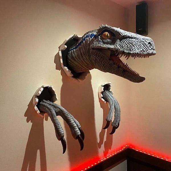 Dinosaurieväggskulpturer 3D Resin T-rex Väggmonterade Tyrannosaurus Statyer, 100% Nya Blue