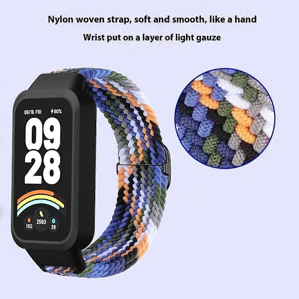 Til Xiaomi Smart Band 9 Active Redmi Band 3 Vævet Nylon Rem Snap-On Etui Urrem - Farverig Bla Multicolor Colorful Black