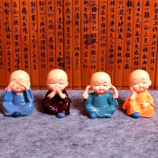 4 st söta Kung Fu munk staty miniatyr Buddha figurin vis figur baby liten munk skulptur samlarobjekt hantverk konst Zen prydnader dekoration present