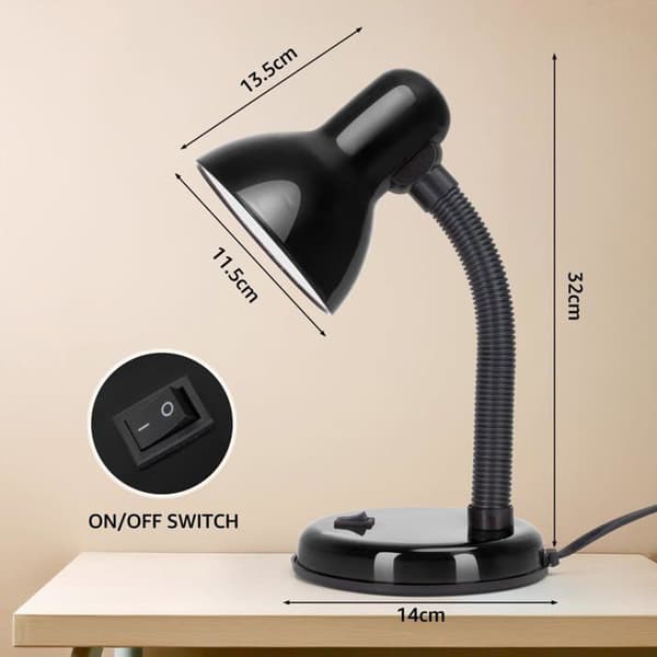 Retro Skrivebordslampe - 1 Enhed - Sort Metal - Justerbar Hals - Integreret E27 Fatning - Til Læsning og Sengebord