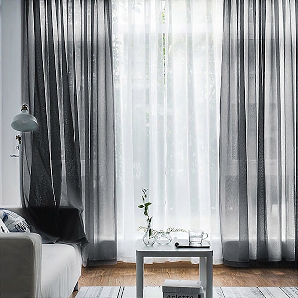 Skira Gardinlängder Vardagsrum Stångficka Fönstergardiner Sovrum Halvskira Voile Gardiner Svart (99cm Bx249cm L, 2 Paneler)