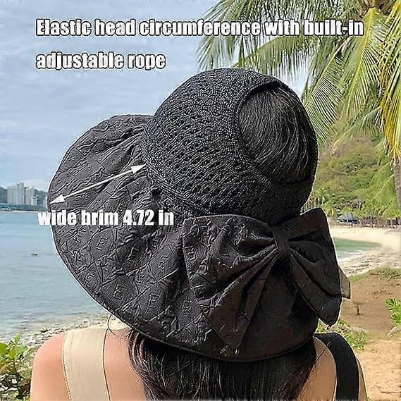 Dame Strand Solhat Bred Skygge Super Solbeskyttelse Solhat med Sort Gummi Solbeskyttelse UV Foldbar Justerbar Solhat Black