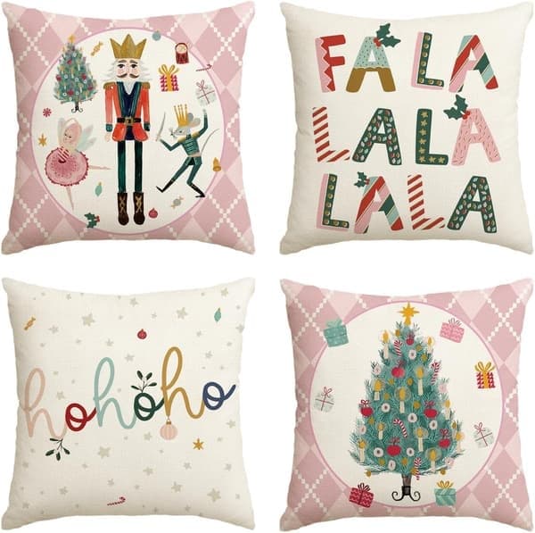 Glædelig jul Nøddeknækker Pink Pudebetræk, 45*45 cm Vinterferie Fest Pudebetræk Sofadekoration 4-delt sæt