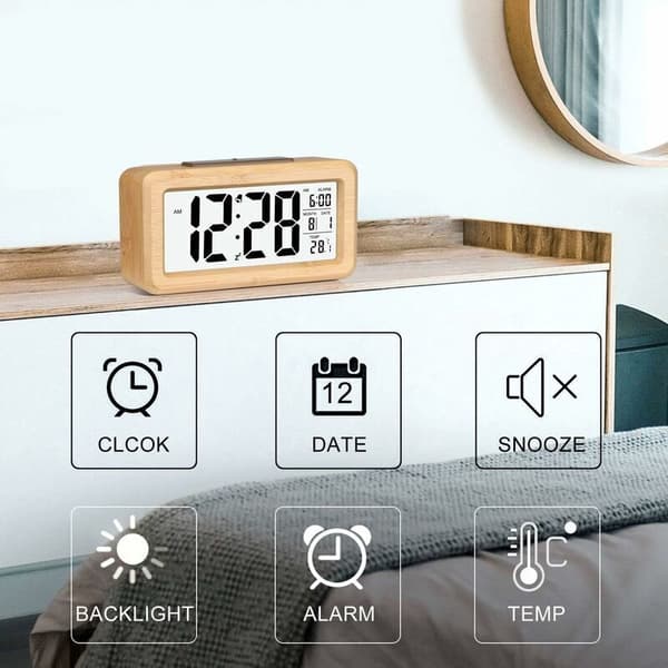 Lättinställd digital väckarklocka i bambu med temperaturvisning, digital väckarklocka för sovrummet