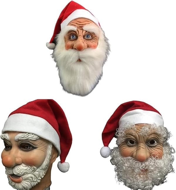 Julemaske, rød julehatt, parykk, skjegg, hette