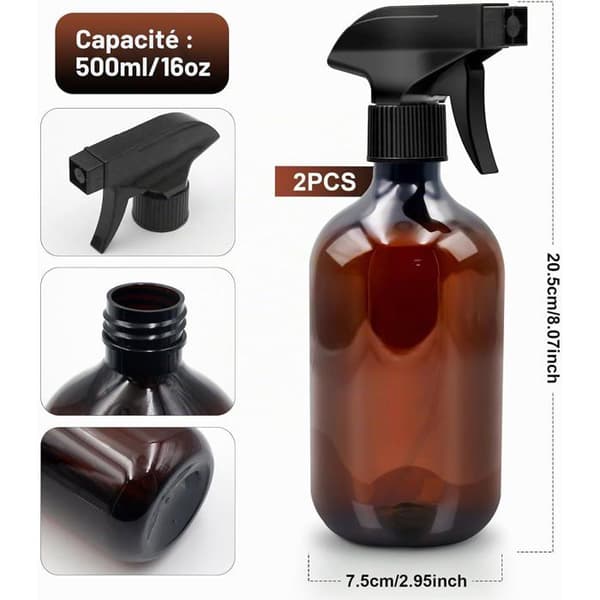 2 sprayflasker, 500 ml, sprayflaske til planter, forstøver, til rengøring i hjemmet, frisør (brun)