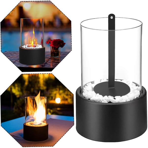Bordplade bioethanol pejs, 16 cm diameter. Glasfiberbrænder. Hærdet glas og rustfrit stål. Til indendørs og udendørs brug.