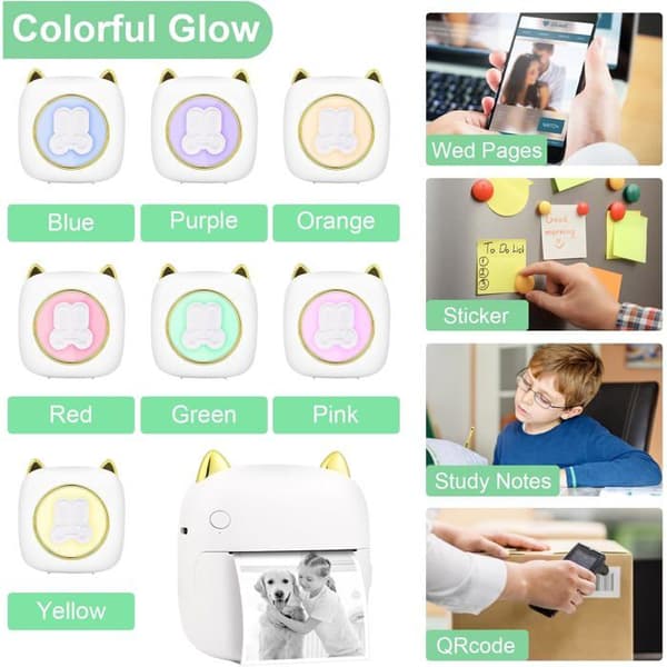 Bærbar fotoprinter, mini trådløs instant fotoprinter, trådløs termisk printer BT mobilprinter med LED