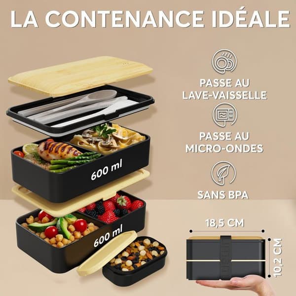 Bento Box - 1200 ml - Bambus og Sort - Lækagesikker med Bestik - Voksen Arbejde