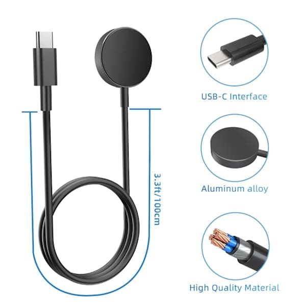 INF USB-C-lader for Samsung Galaxy Watch 3/4/5/6/7, Active 1/2 Svart