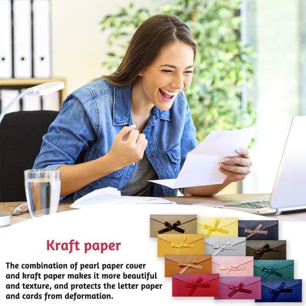 DIY Håndlavede Konvolutter, A7 Konvolutter med Sløjfe-bånddesign til Bryllupsinvitationer, Farverige Flade Kort Inkluderet til Jul, Valentinsdag