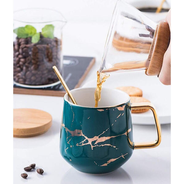 Porcelæn Te Kop Kaffe Kande Sæt til Eftermiddagste - Marmor Mønster (Sort, Kort 300ml + Træ Underkop)