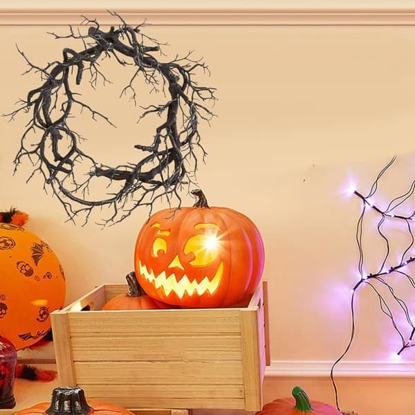 Halloween-krans, krans av døde greiner, vindusdekorasjon 43 cm, dekorativ svart greinkrans, dørkrans