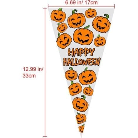 100 stykker 33 x 17 cm kegleformede cellofanposer med 100 bindere til jule- og halloweenfestgaver