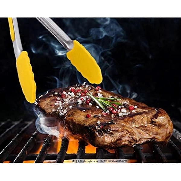 Køkkentang Madlavning Salat Madservering Silikone BBQ Tang Rustfrit Stål Håndtag Redskab 25 cm (Gul)