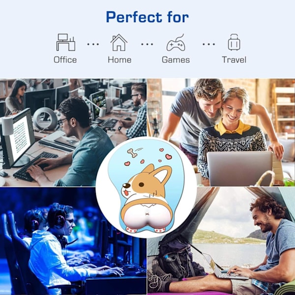 3D Musmatta med handledsstöd, Ergonomisk Mjuk Silikon Gel Gaming Musmatta, Söt Corgi Hund Anime Musmatta för PC Bärbara datorer Blue
