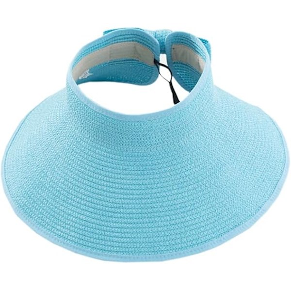 Foldbar solskærm i strå til kvinder, sammenrullelig bredskygget strandhat med hestehalehul til rejser Light Blue