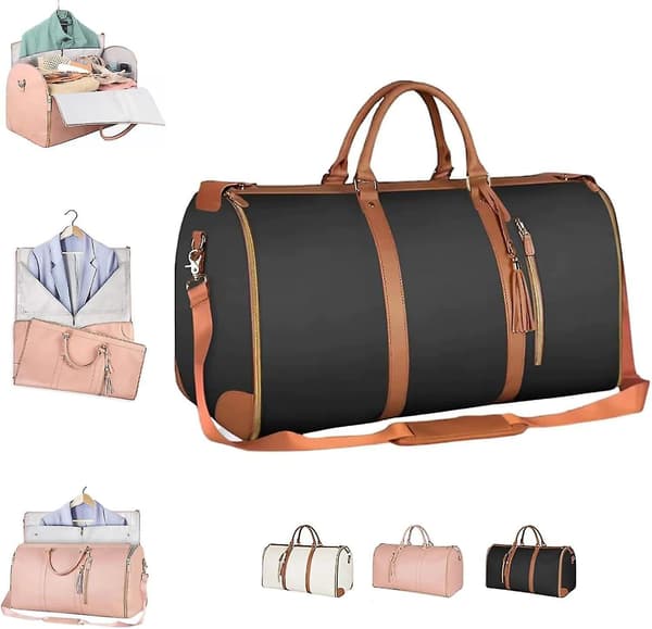 2-i-1 Foldbar PU Læder Duffel Bag Konvertibel Dragtrejsetaske Rejsetøjstasker til Kvinder Black
