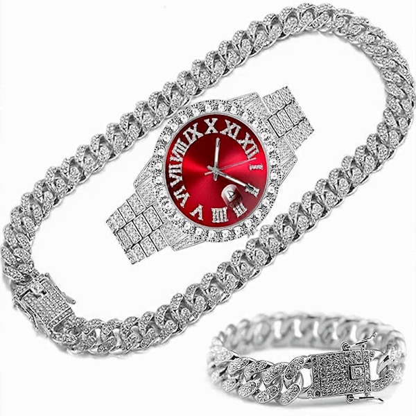 Trendikäs Hopea-Sininen Kellonsetti Lahjakotelossa Miesten Jäällä Koristeltu 12mm Kuubalainen Ketju Kaulakoru Ranneke Kellonsetti Hip Hop Ketju Jää Korut Miesten Korut Silver Red