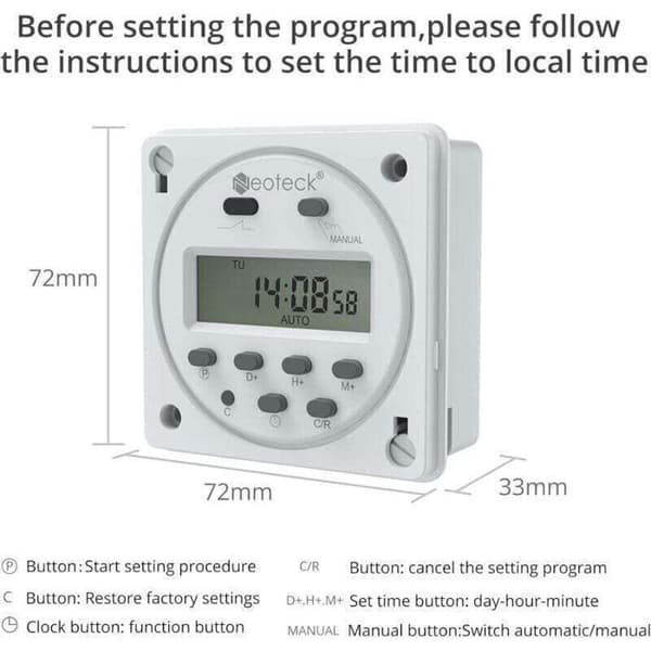 12V 16A Digital Timerkontakt med 16 Programmer, Programmerbar Klokke og LCD Digital Skjerm