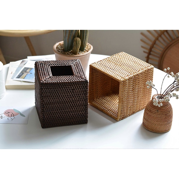 Tissuebox i rotting, fyrkantig, handvävd, 14 x 14 x 14,5 cm, natur