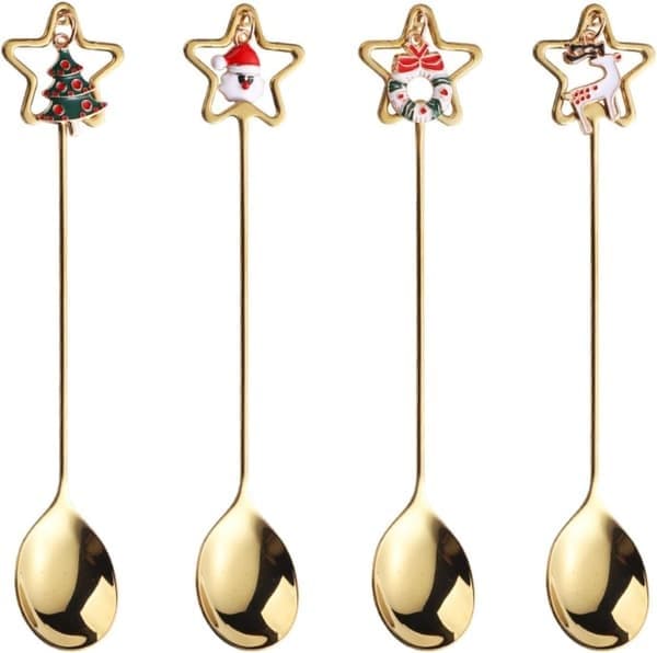 4 Stykker Julekaffeske Sæt Guld Jul Rustfrit Stål Ske Dessertske Nytårs Borddekoration