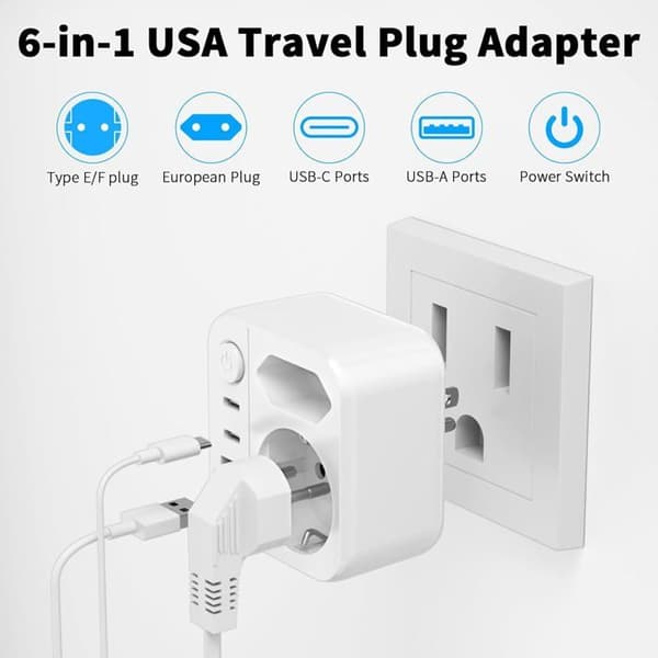 Kompakt 6-i-1 Sort Rejseadapter til USA, 2 USB-C og 2 USB-A, Hurtig Opladning til USA, Canada og Mexico