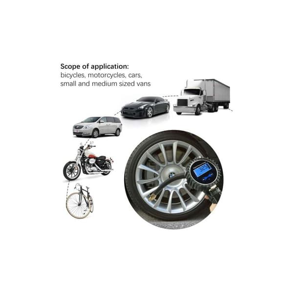 Digital dæktryksmåler, 200 psi, oppustningspistol og kompressor med LCD-skærm til bil, lastbil, motorcykel og cykel
