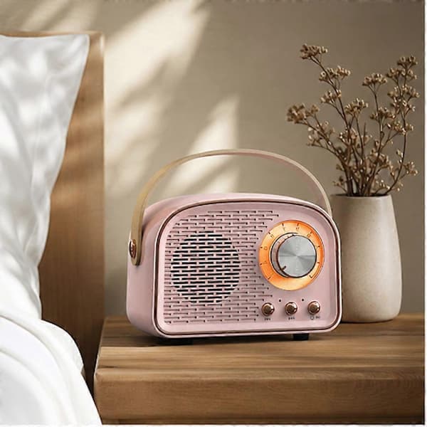 Retro bærbar Bluetooth-høyttaler med radio og bærehåndtak, rosa