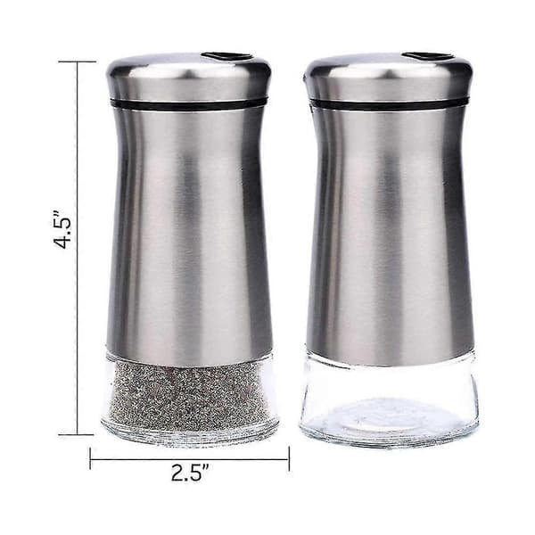 Salt- og pepperbøsser i rustfritt stål med glassbase, justerbare