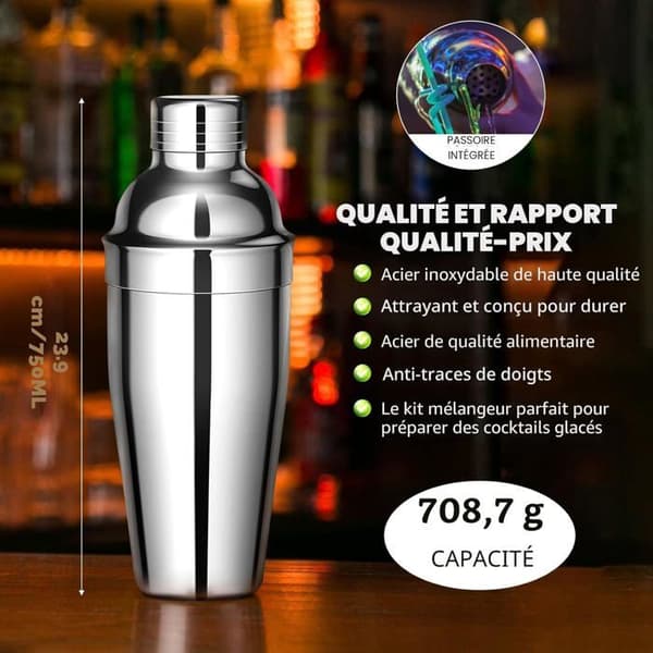 Bartender Cocktail Sæt - 12 Dele - Rustfrit Stål - 750 ml Shaker med Bambusstativ - Til Hjemmet