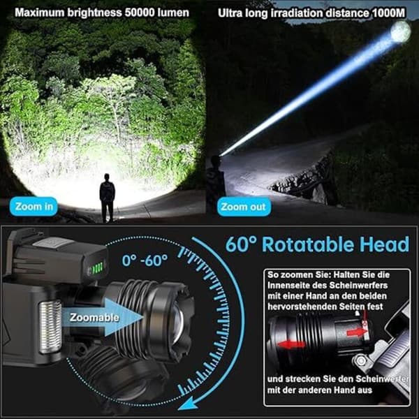 Oppladbar LED-hodelykt, ultra-kraftig 50 000 lumen, 3+3 moduser, sensor og rødt/blått lys, USB-oppladbar hodelykt justerbar til 45°