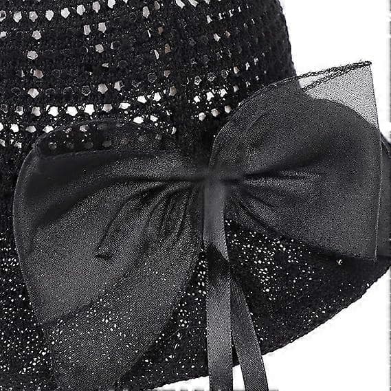Dame Bowknot Strå Bucket Hat Floppy Bred Skygge Solskærm Hat UV Beskyttelse Sommer Mesh Strandhat, Sort
