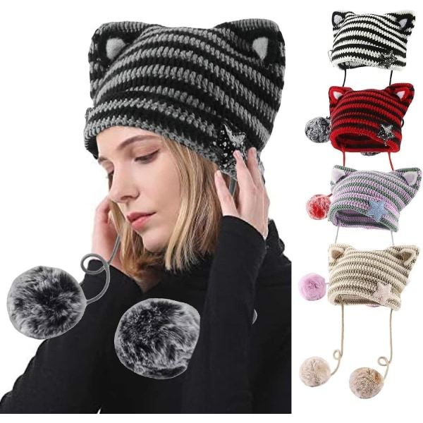 Stickad mössa med kattöron för kvinnor, vintervarm mössa i elastiskt stickat, skidmössa med dun och broderi för vuxna flickor