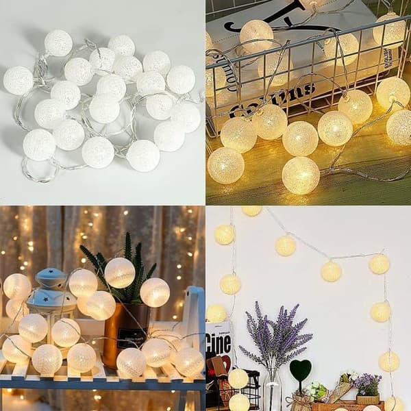 Ljusslinga med bomullsbollar, juldekoration för inomhusbruk, 3M 20 LED-globlampor, flicka, prinsessa, barn, baby, sovrum