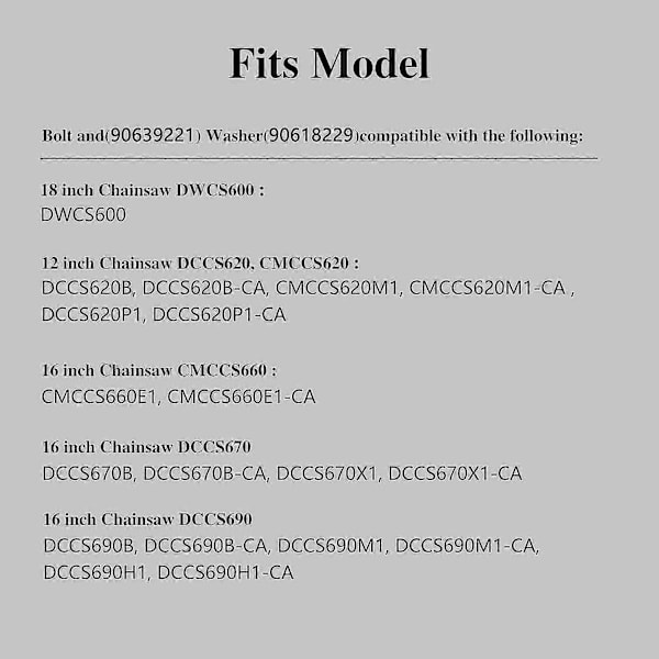 Motorsagbolt og skive for Dewalt Dccs620 Cmccs620 Cmccs660 Dccs670 Dccs690 Dwcs600 (90618229, 90639221).