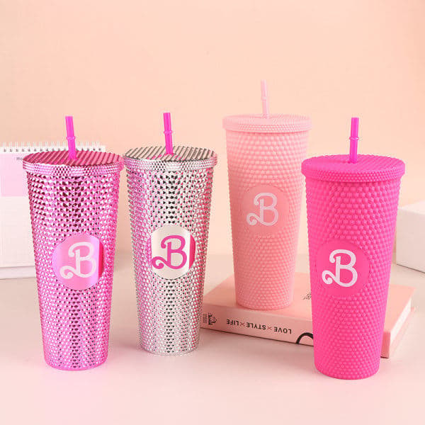 710 ml Barbie glasflaska Barbie rosa mugg med sugrör Kawaii Rosa Pink