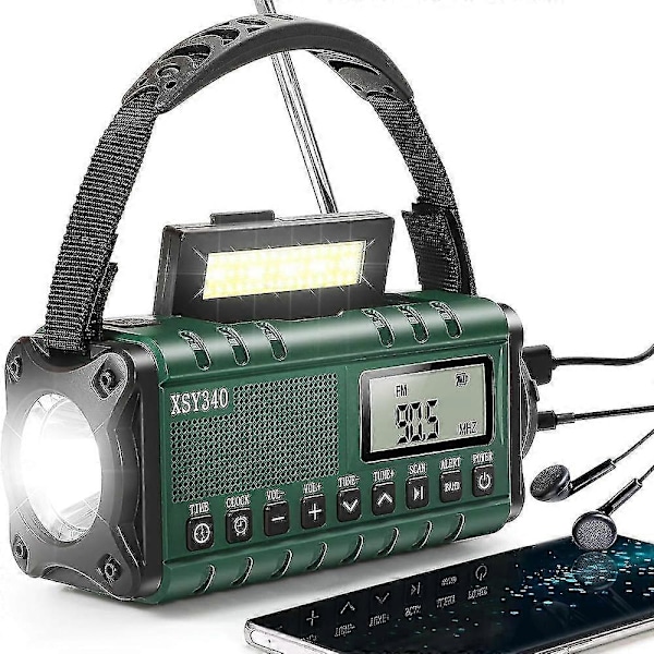 Bærbar DAB/FM Radio grønn, 5000mAh Solcelle Radio, USB Lader Solcelle Radio med Nød SOS Alarm, Lommelykt og Leselys