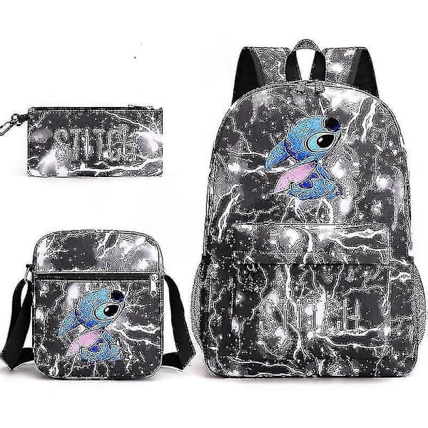 Lilo Stitch Rygsæk Tredelt Sæt Skoletaske Børn Til Dreng Pige Gave-e Lyn sort