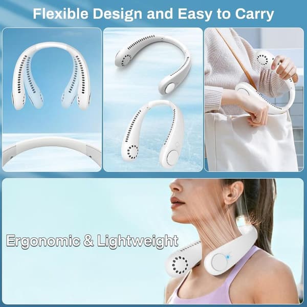 Halsventilator, 360° bærbar bladløs ventilator, 3 hastigheder, USB genopladelig, gaver til kvinder og mænd, hvid