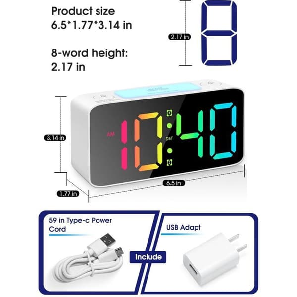 Högljudd väckarklocka för sovrum med RGB nattlampa, kraftig, dubbla larm, dimmer, USB-laddare