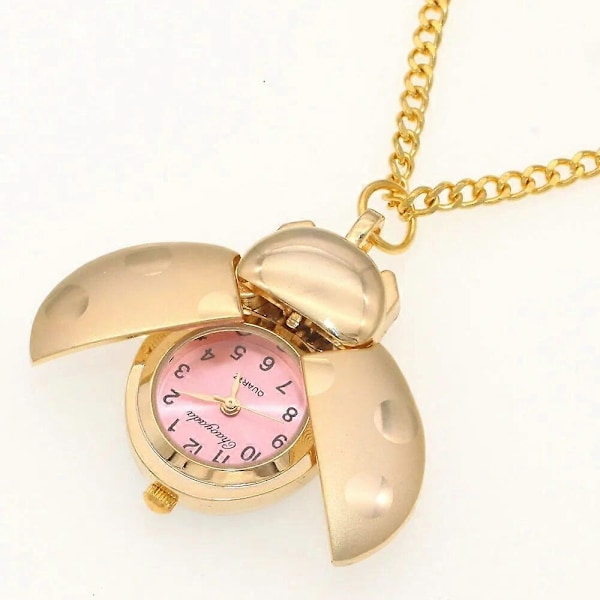 Uudet leppäkerttukellot Kuoriainen Kello naiset miehet lapset taskukello opiskelijat kvartsikello avaimenperät taskukello kaulakoru kellot kulta Pink with chain