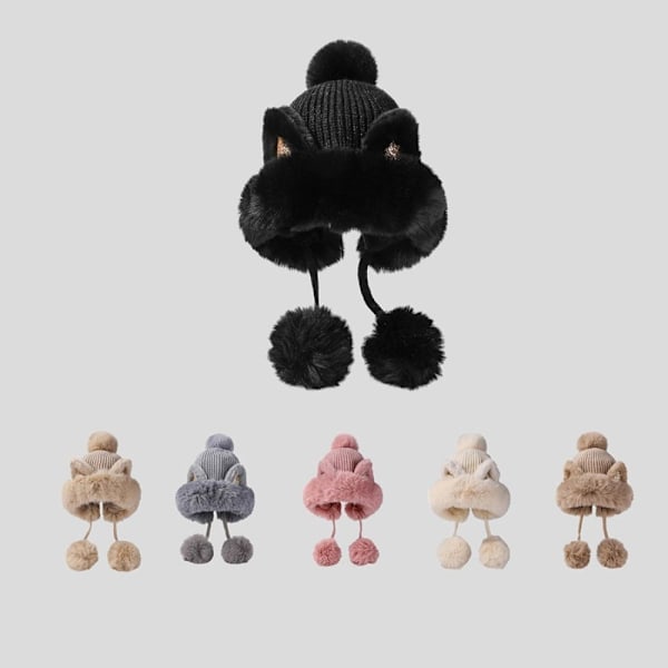 Damernas Två Boll Kattöron Öronlapp Beanie Varm Stickad Hattar Fluffig Plysch Tjock Päls Vinterhatt Khaki