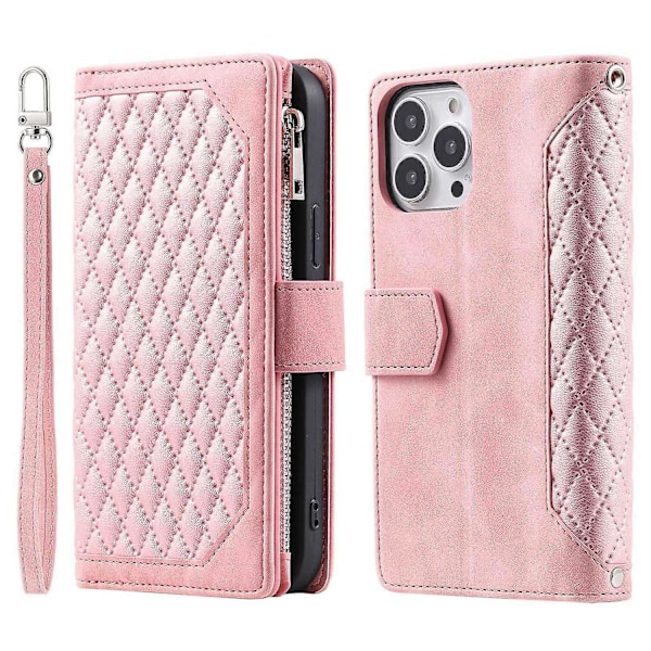 För iPhone 14 Pro 6.1 tum Ficka med dragkedja Telefonfodral Texturerat PU-läder Flip Plånboksställ Pink gold Style C iPhone 14 Pro