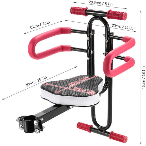 Frontmonterad barncykelstol för elcyklar. Vadderad dyna. 30 kg kapacitet. Snabb installation. Robust 31,8 mm rör.