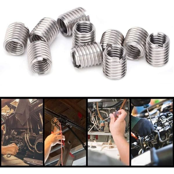 10 stk. innsatsmutter, innvendig gjenge M8 1,25 til utvendig M10 1,5, 12 mm lang, bunnhull 9,0 mm, rustfritt stål