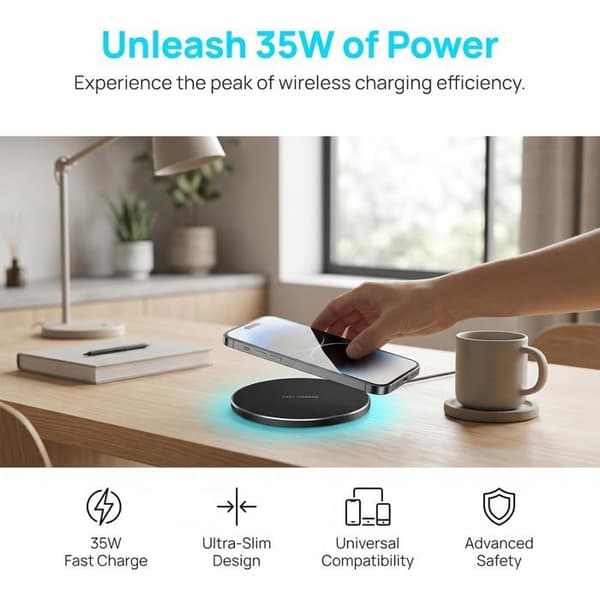 35W Trådløs Oplader - 1 Enhed - Aluminium - Qi Hurtig Opladning - Smartphone, Tablet, Høretelefoner - Sort